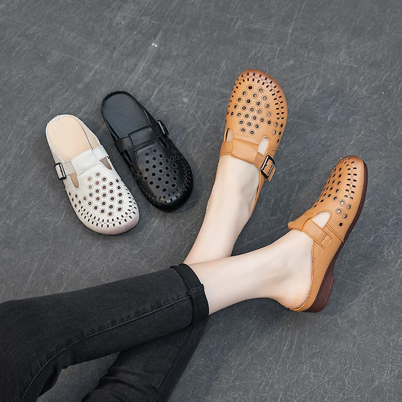 CICIYANG Women's Slippers Genuine Cowhide Leather 2024 Summer New Cover Toe Retro Flats Soft Sole Casual Outdoor Ladies Sandals