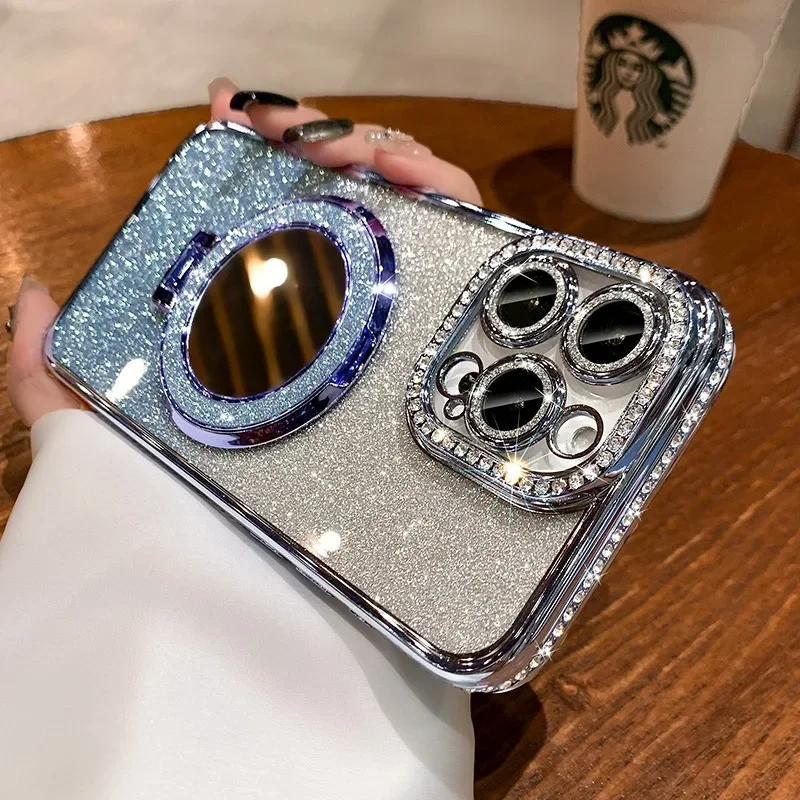 Luxury Diamond Clear Glitter Phone Case with Mirror Magnetic Holder and Stand