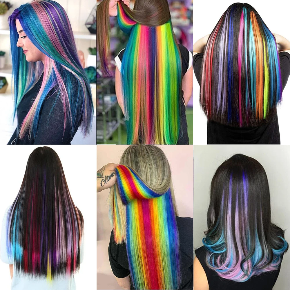 HAIRSTAR Synthetic Colored Clip In One Piece Straight Colorful Rainbow Hair Extensions 22 Inch Hairpieces