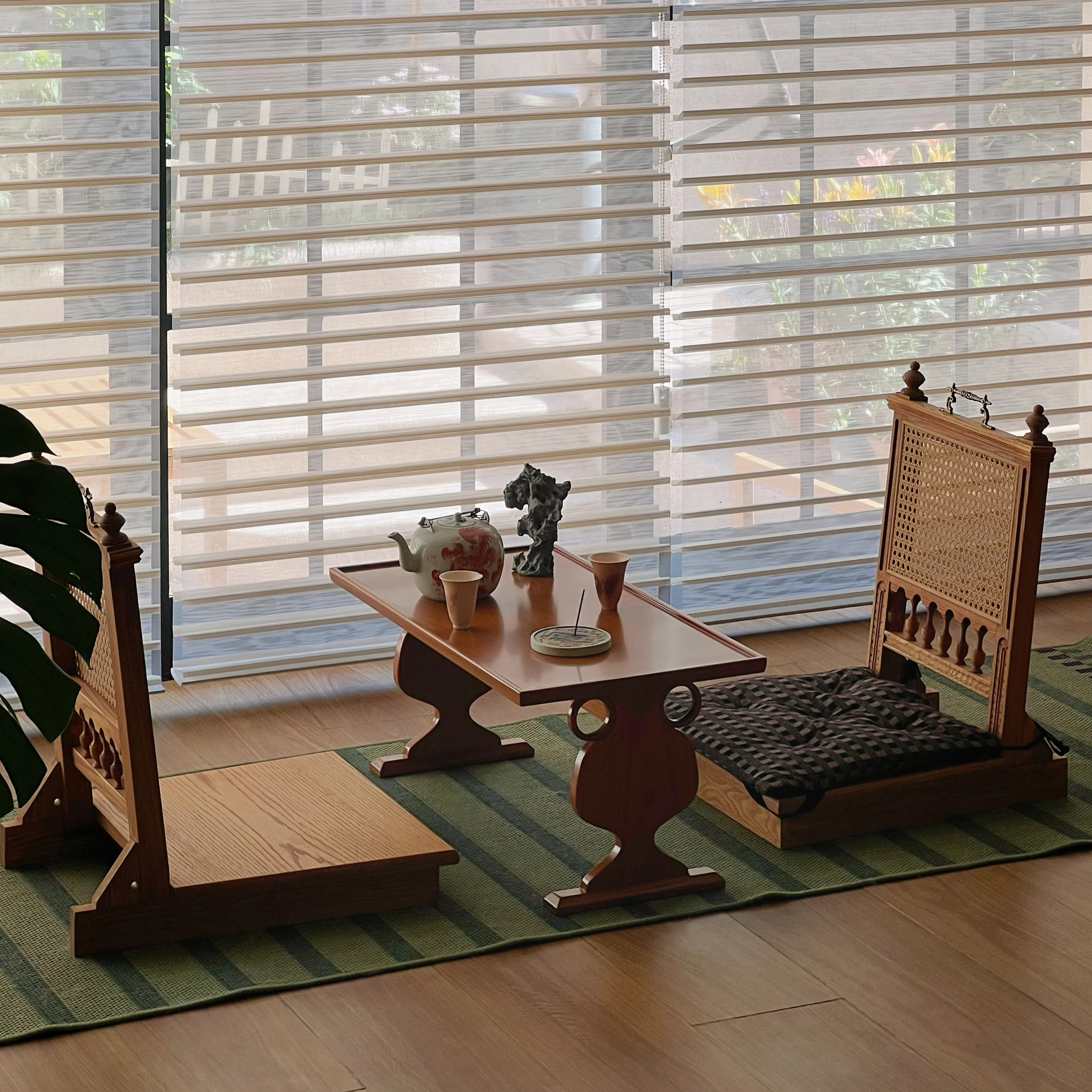 Dark light bay window table and chairs solid wood vintage tea table, tatami mat low chair table and chair combination 8