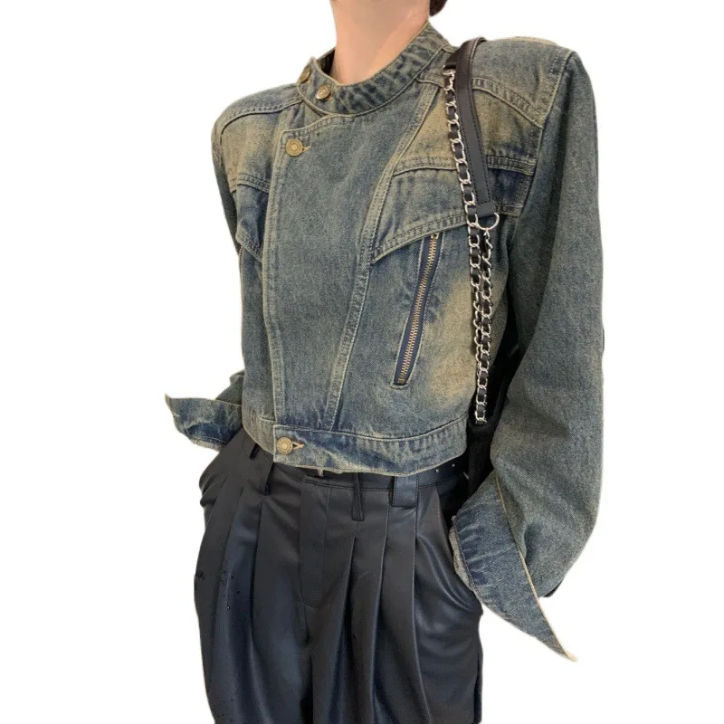 Retro Denim Jacket with American Vintage Style Design Stand Up Collar Workwear Short Top