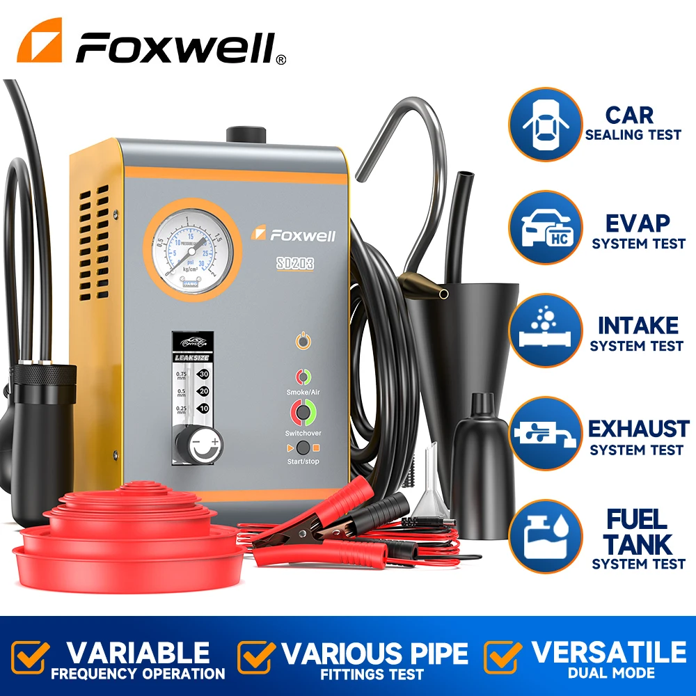 FOXWELL-آلة دخان السيارات مع مضخة هواء مدمجة ، كاشف تسرب فراغ EVAP ، اختبار تشخيص تسرب أنابيب السيارة ، SD203 ، 12 فولت