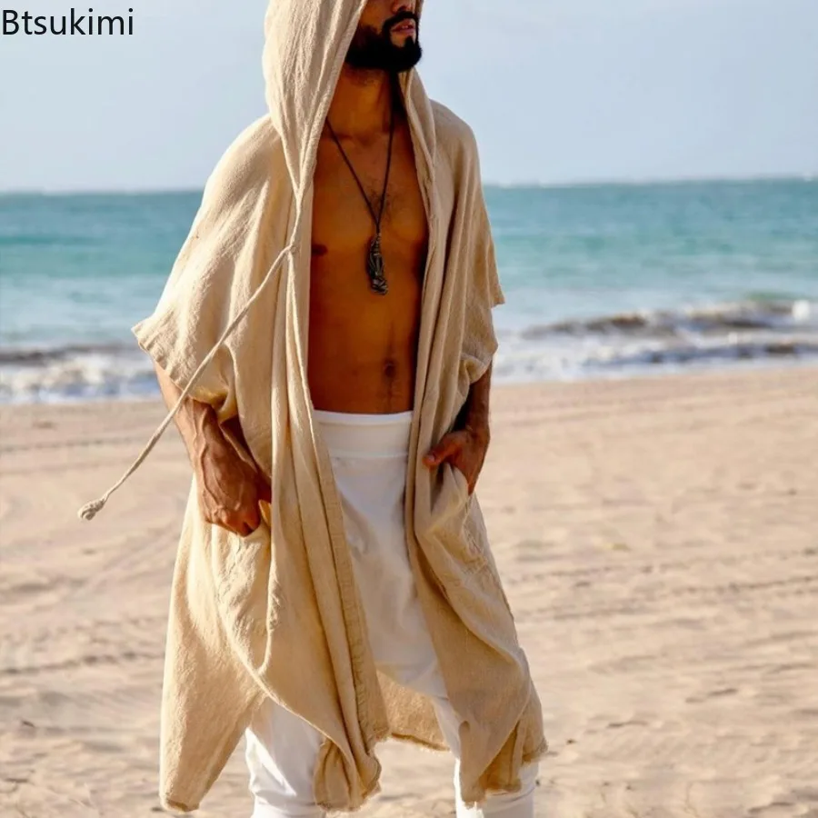 Nouveaux hommes d'été mi-long Cardigans ample décontracté Protection solaire vêtements plage vacances Style châle manteau mâle longue Cape à capuche