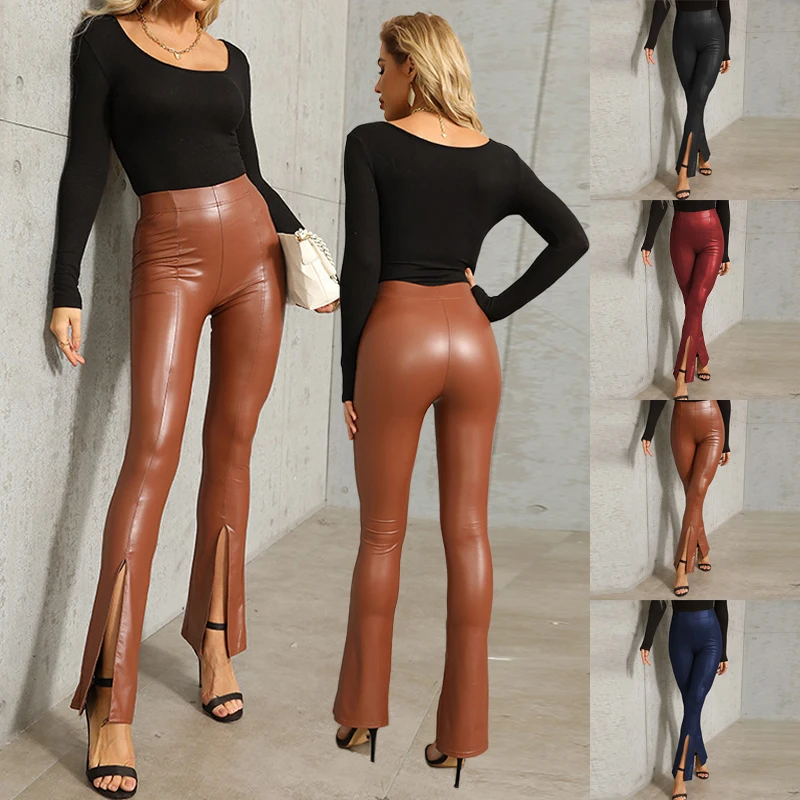 Women PU Leather Pants Sexy Stretch Bodycon Trousers Ladies High Waist Elastic Hem Slit Cropped Pants Street Pencil Pants Штаны хип хоп печать брюки мужские брюки мода уличная одежда спортивные штаны для мужчин бегуны high street свободные брюки карго мужчины