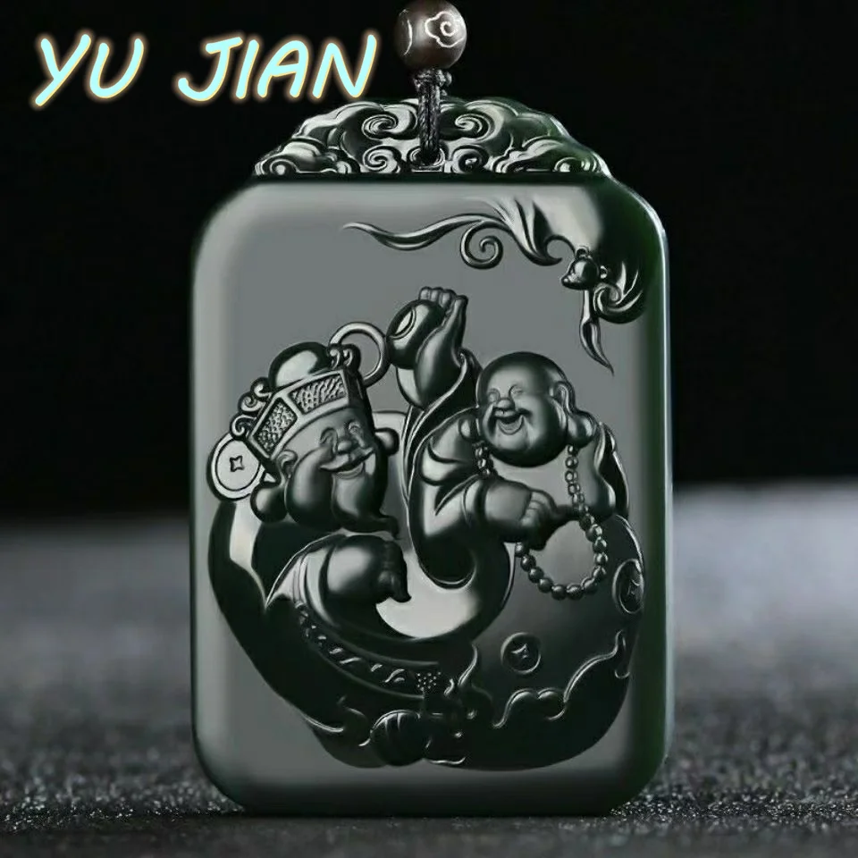 

Exquisite Natural Hetian Cyan Jade Carving Fu Shuangquan Men's And Women's Pendat Fashion Jadeite Necklace With Chain Jewelry