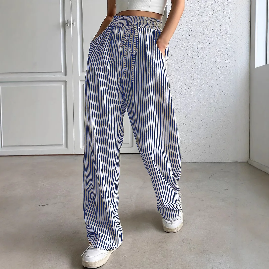 Women Striped Wide Leg Pants Autumn Full Trousers