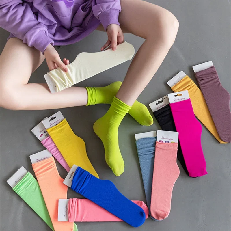 Japanese Korean Women Ice Thin Loose Calf Tube Socks Summer Nylon Socks Fashion College Style Solid Color women socks