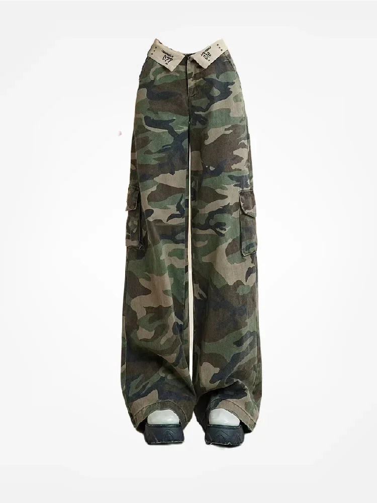 Woman American Spice Girls Camouflage Work Jeans Women Summer Flap High Street Design High Waist Straight Thin Wide Leg Trousers 6