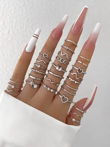 28pcs Fashion Ring Set for Women Heart Shaped Design Geometric Bohemian Element Accent Ring Daily Wear Dating Party Jewelry 2025 - Image 11