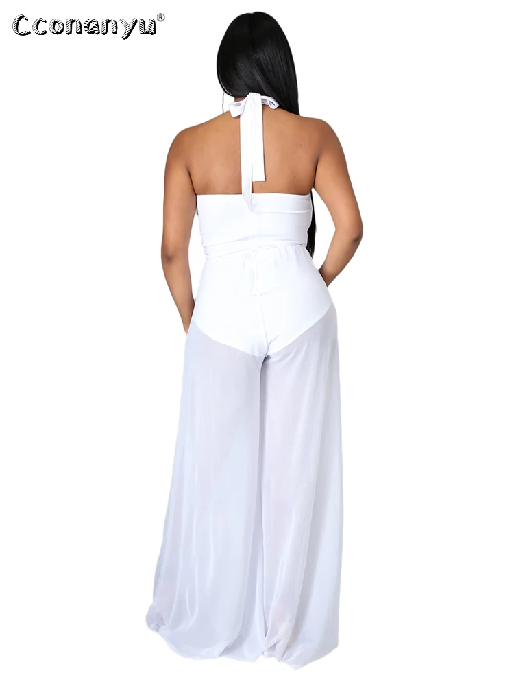 Summer Solid Chiffon Ladies Jumpsuit Casual One-piece Outfit Halterneck Pants Loose Mesh White Jumpsuits for Women 2022 Elegant