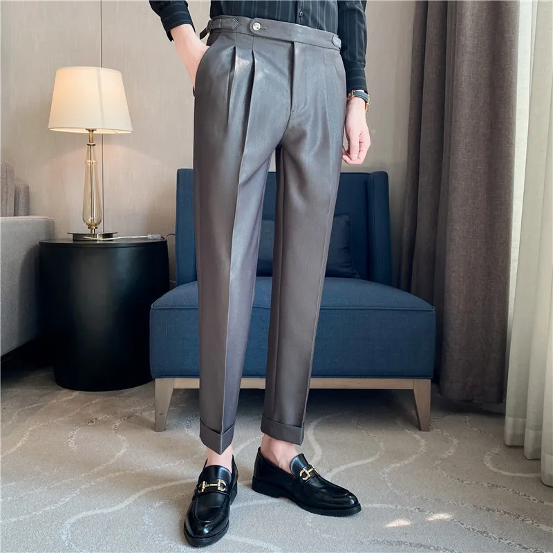 

Men High Waist Casual Dress Pant British Style Men Belt Design Slim Trousers Formal Office Social Wedding Party Dress Suit Pants