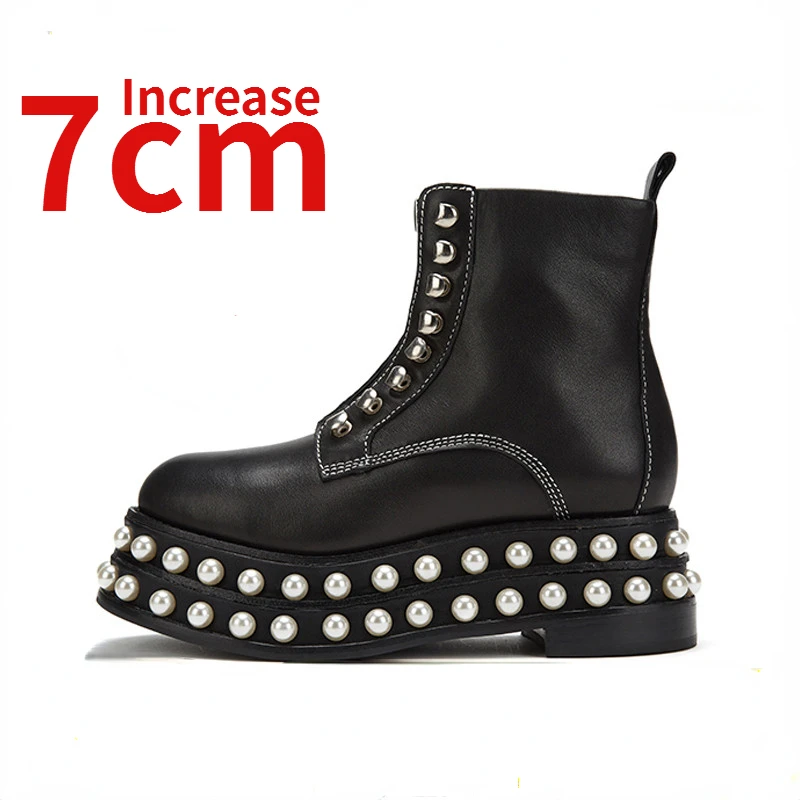 

Street Fashion Trends Shoes for Women Increased 7cm Autumn/Winter Genuine Leather Side Zipper Pearl Thick Sole Plush Short Boots