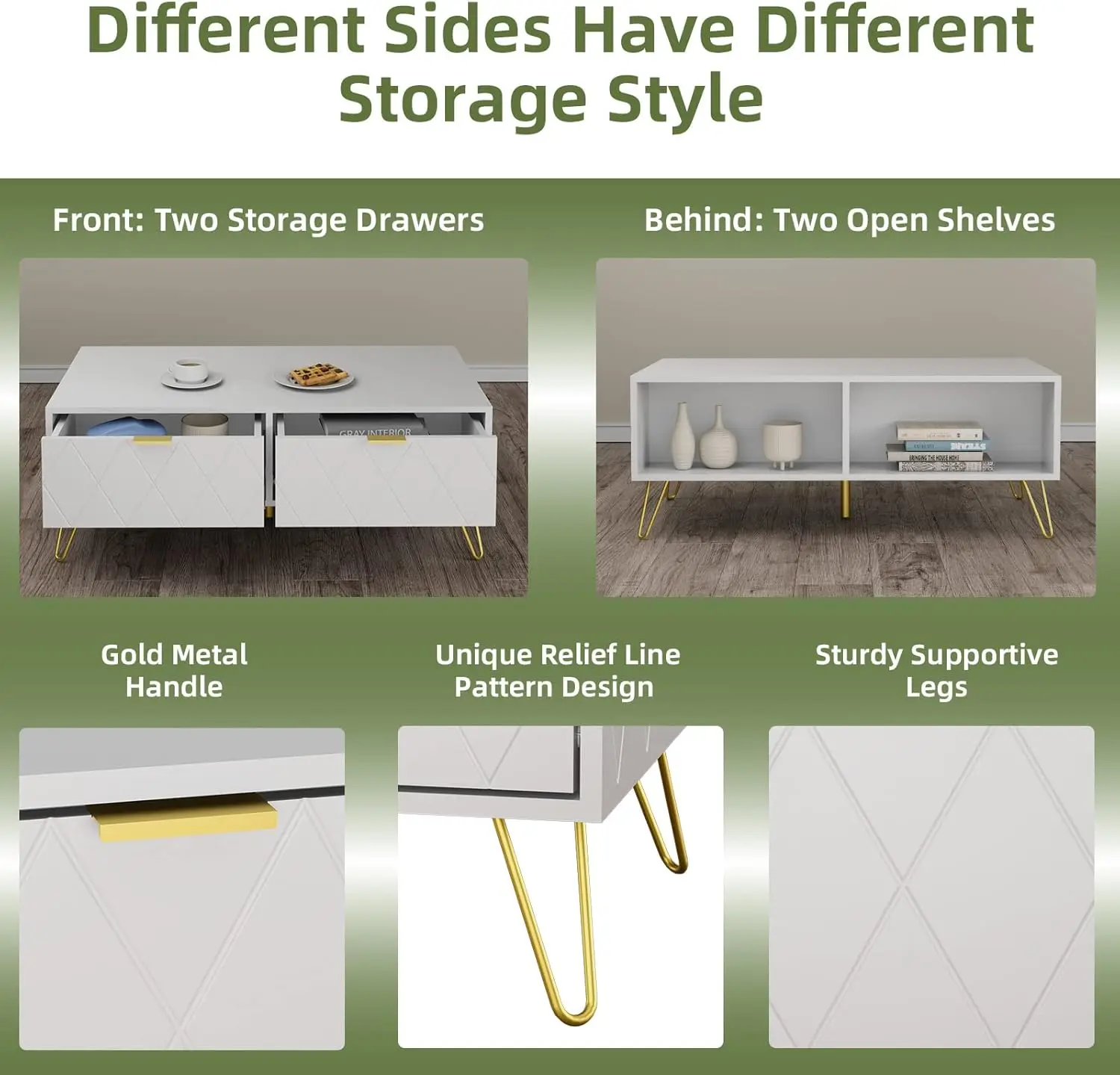 39.4'' Coffee Table with Large Drawers & 2 Open Storage Shelves, White Modern Coffee Tables with Gold Metal Handles 6