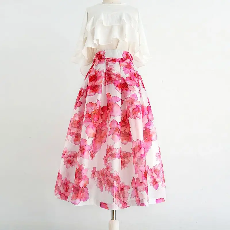 

Женская юбка-пачка с цветочным принтом, длинная Плиссированная клетчатая юбка трапециевидной формы с высокой талией в Корейском стиле, модель S40 на осень и весну, 2024