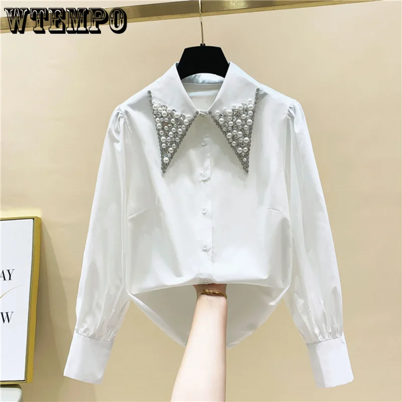 

High Quality Pearls Diamonds Collar White Shirt Women Tops Mujer 2022 Spring New Arrival OL Elegant Blouse Tops Camisas Mujer