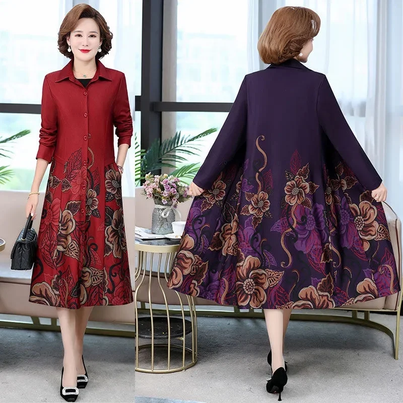 Mom's Autumn Printed Windbreaker Women's New Large Size 5XL Mid-Elderly Female's Spring and Autumn Coat Women's Trench Windproof