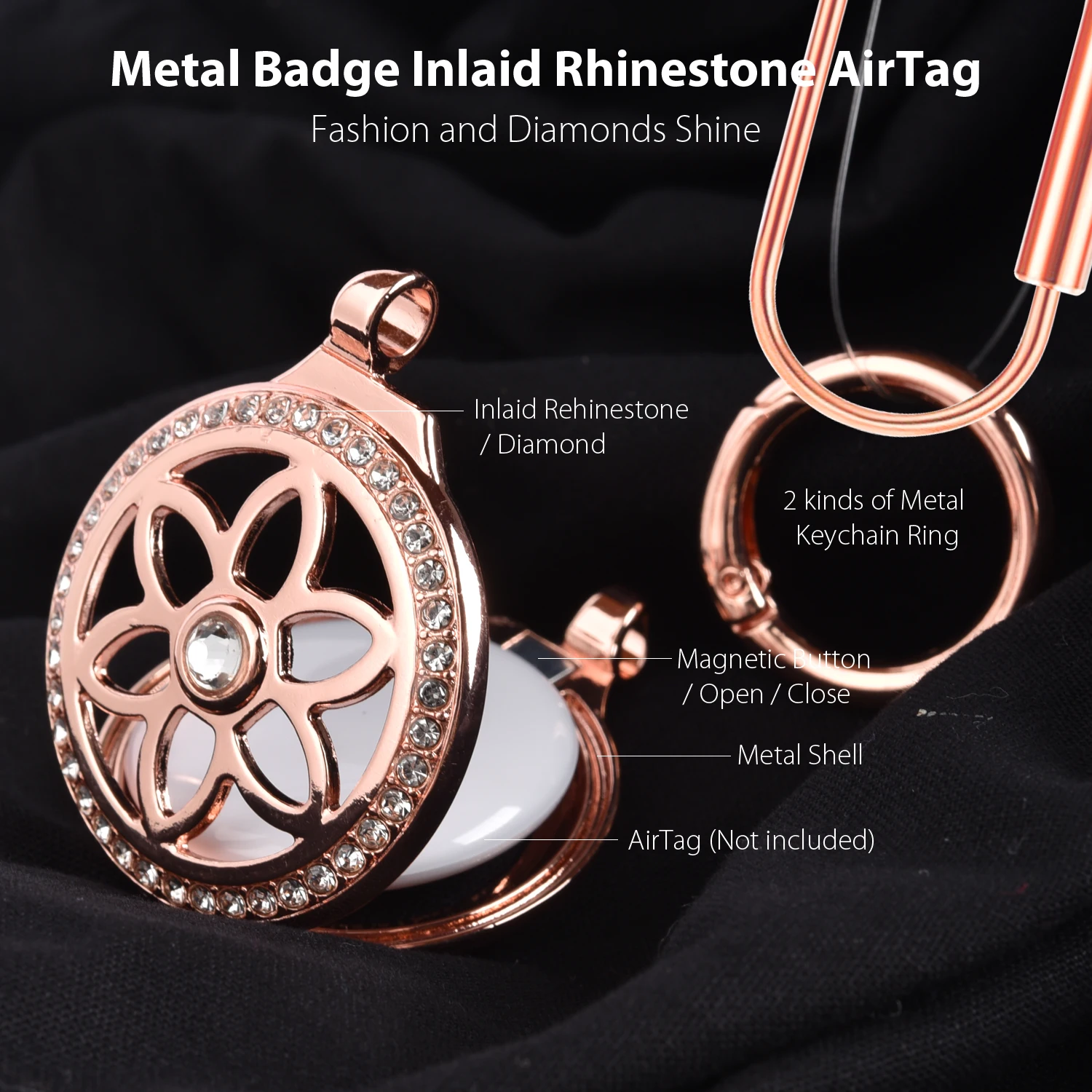 Custodia In Metallo Rosa Dorato Per AirTag 2021 Con Portachiavi - Lega Di Rame Con Intaglio Pizzo - 3