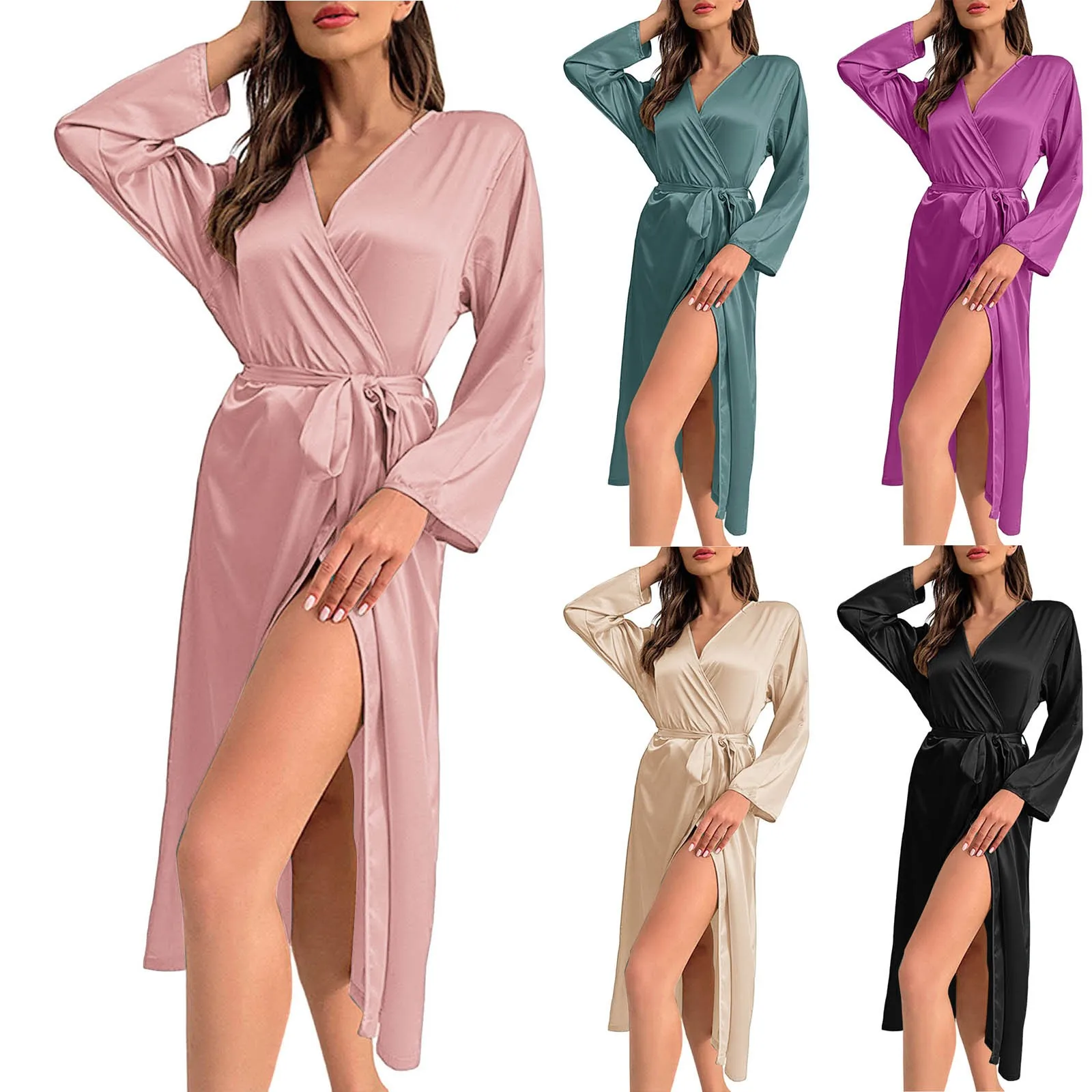 

Sexy Sleeping Dress Women Kimono Sleepwear Satin Silk Night Robe Homewear Ice Silk Long Sleeve Casual Comfort Lace Up Bathrobe