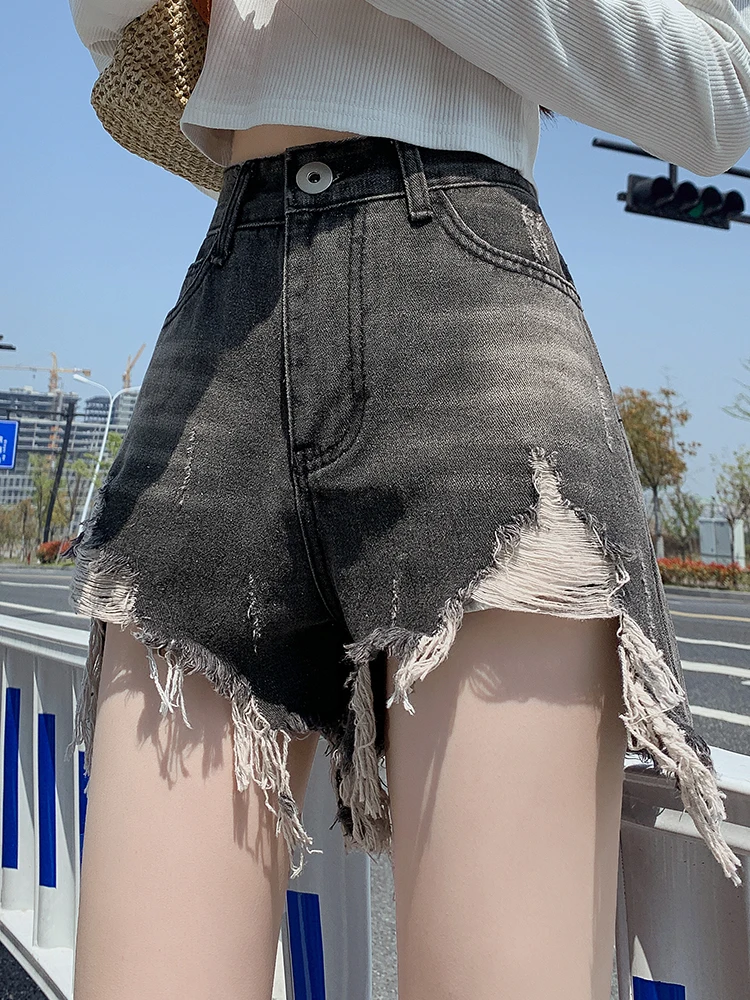 Summer Shorts Vintage Ripped Hollow Out Holes High Waist Jeans Shorts Female 2023 Summer Beach Shorts Streetwear Loose Casual