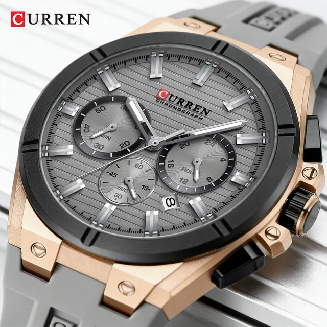 CURREN Moder Design 43mm Watch for Men with 3 Sub-Dials Quartz Movement Casaul Silicone Strap Wristwatch Luminous Hands and Date