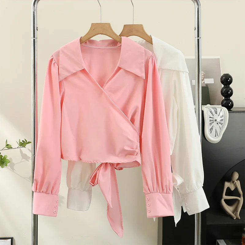 

Korean V-neck Lace Up Shirts Women Autumn 2023 New Long Sleeve Turn-Down Collar Slim Casual Blouses Ladies Solid Short Tops