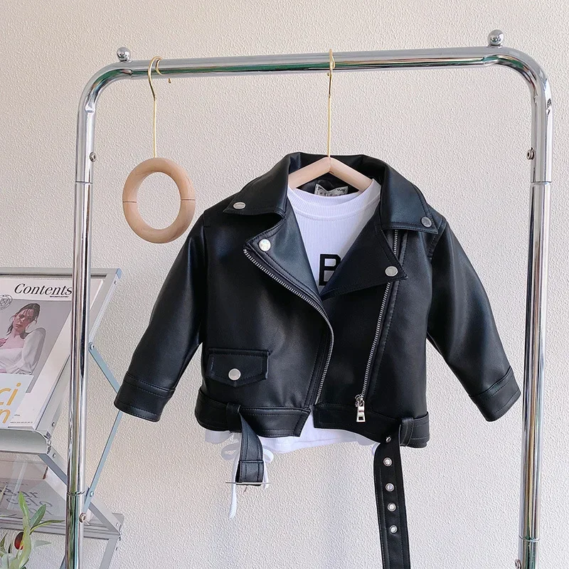 

Kids Baby Princess Solid Full Sleeve Zipper Leather Top Jacket Children Fasshion Girls Coat Outwear Buttons 2-8Y
