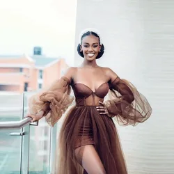 Dark Brown Bride Robes Off Shoulder Lantern Sleeve Split Tulle A Line Africa Wedding Gowns Bridal Shower Dresses
