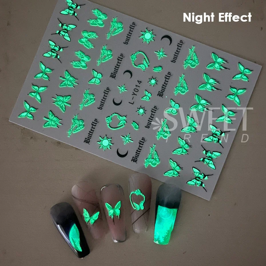 9pcs Glow In The Dark Butterfly Nail Art Stickers Luminous Moon Star Design Halloween Y2K Adhesive Sliders Charm Manicure Decals