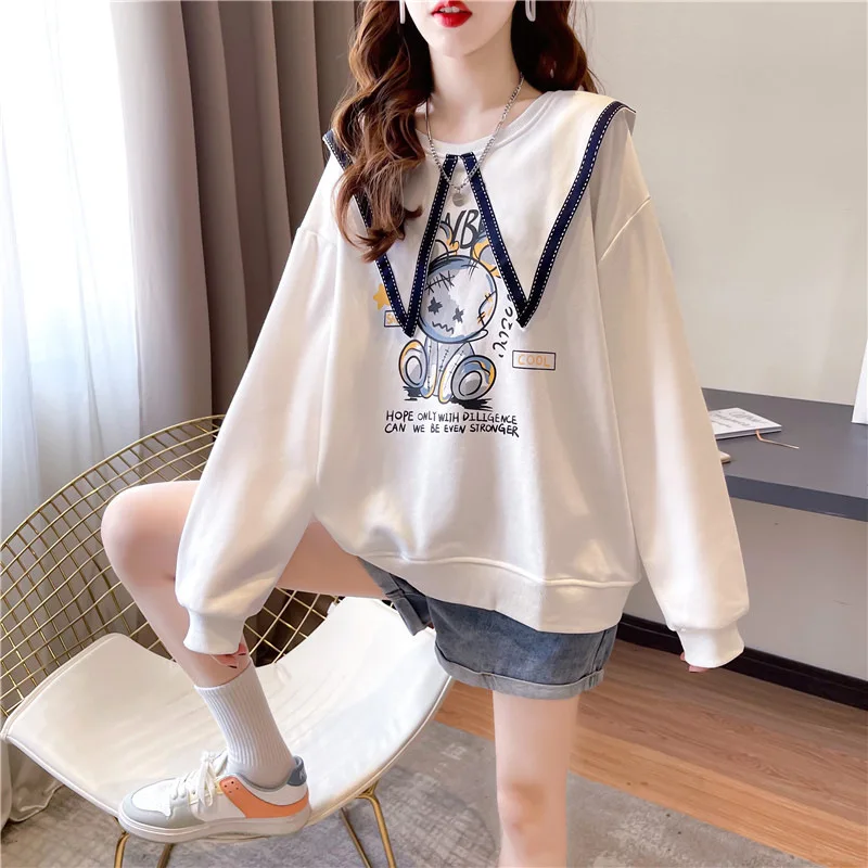 Korean Style Clothing Oversize O-Neck Casual Navy Style Doll Neck Fake Two Piece Thin Cotton Pullover Spring Fall Harajuku Tops 2023 new spring and summer korean edition simple loose casual polo print three quarter fake two piece oversize women s shirts