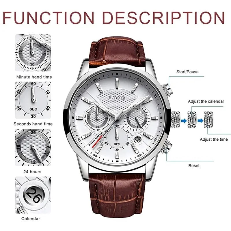 LIGE Watches Men 2025 Top Brand Luxury Casual Leather Quartz Men Watch Man Business Clock Male Sport Waterproof Date Chronograph
