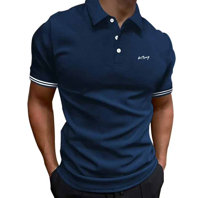 Polo da uomo a tinta unita con polsini a righe, colletto con bottoni, maniche corte, vestibilità slim, casual per tutti i giorni - immagine 4