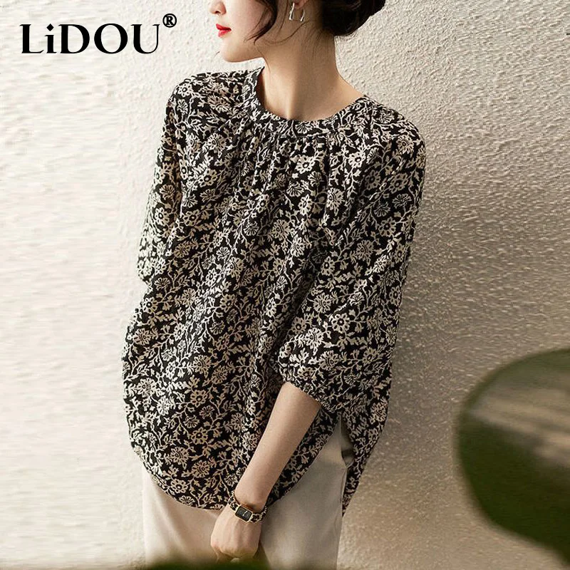 

2023 Summer Vintage Floral Printing Loose Casual Pullover Shirt Ladies 3/4 Sleeve Fashion All-match Top Women Round Neck Blouse