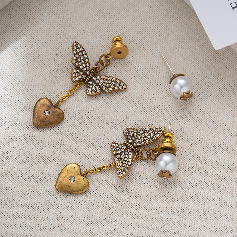 Light luxury vintage imitation pearl butterfly love heart earrings for women
