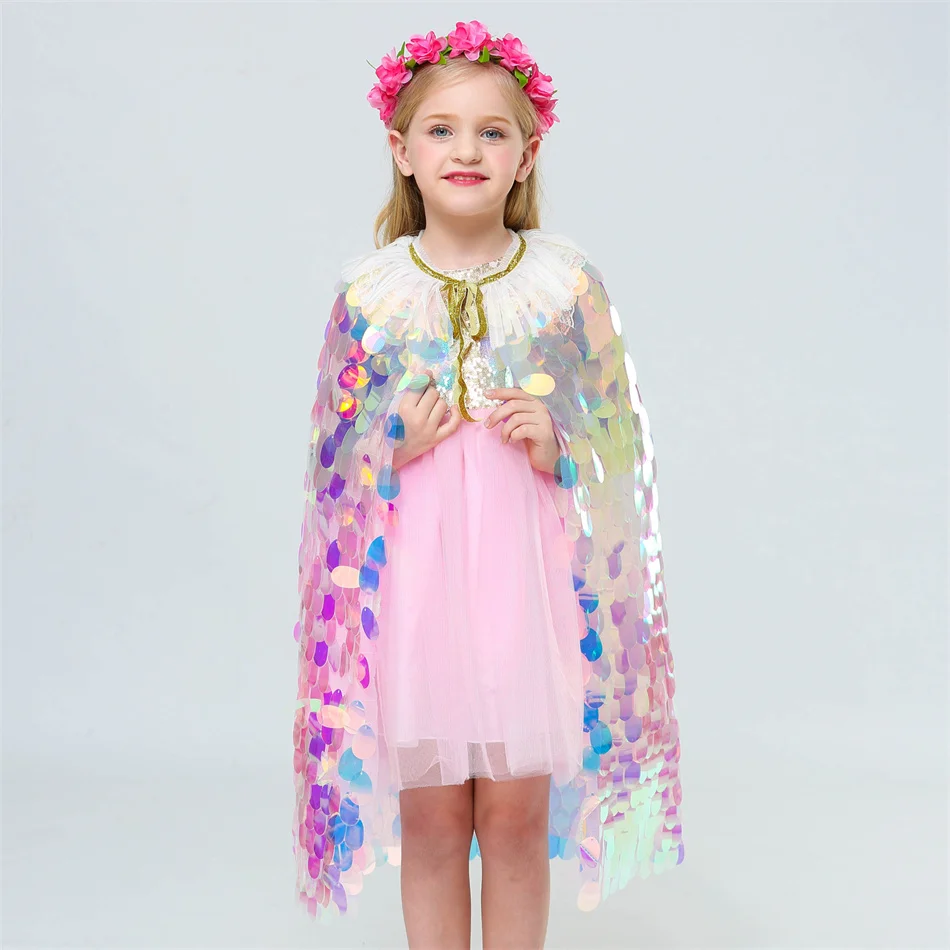 Girls Mermaid Shiny Sequin Cloak Kids Ariel Princess Mantle Dress Glitter Shawl Costume Children Blingbling Cape Accessory