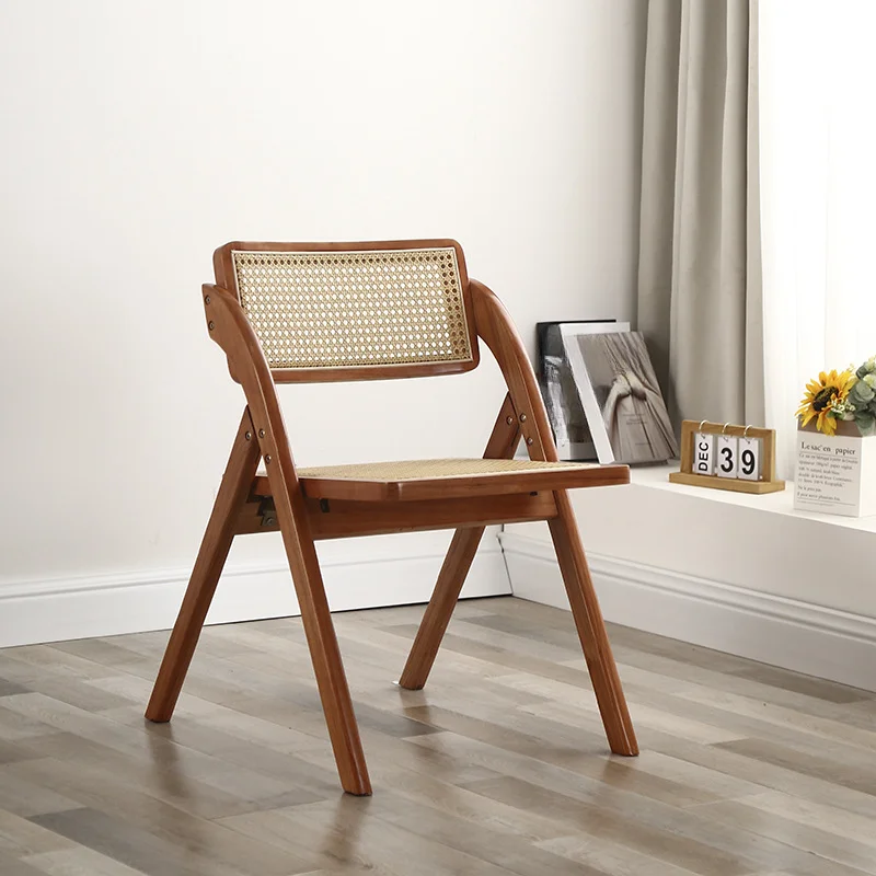 

Solid Wood Rattan Weaving Folding Dining Chair Modern Home Restaurant Balcony Outdoor Camping Backrest Chairs Furniture Retro