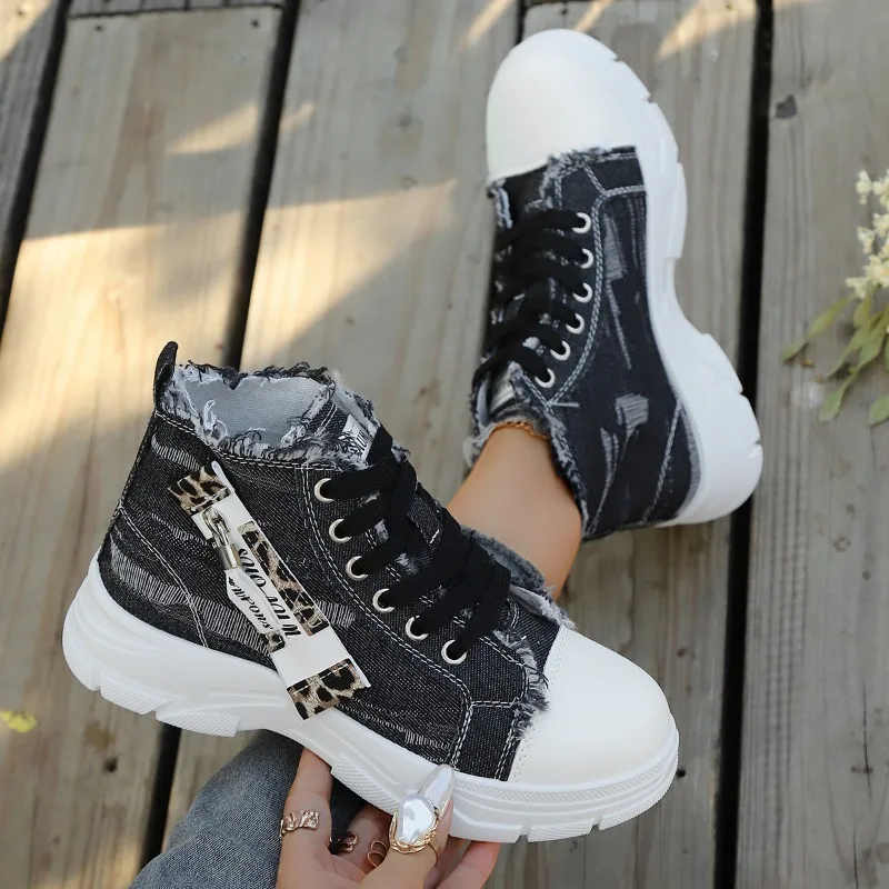 Fashion Breathable New Women's High Top Luxury Denim Canvas Shoes Thick Sole Boots Outdoor Casual Lace Up Ladies Sports Shoes