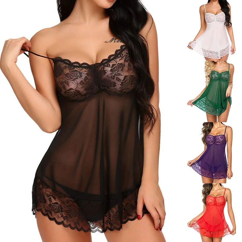 

Women Sexy Mesh Hollow Lace Short Pajama Set Sheer Tulle Nightdress Pajamas Lingerie Sling Slim Dress Exotic Costume Fashion