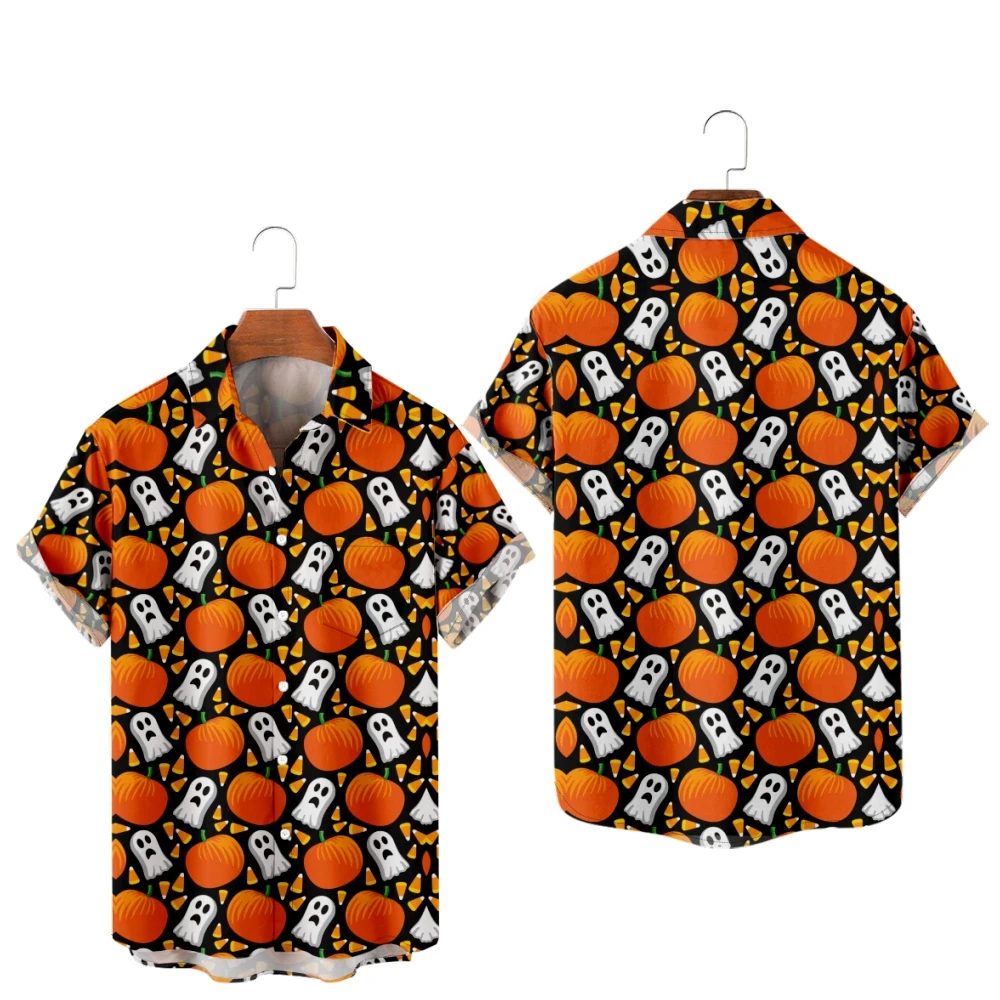 Halloween Shirts for Men Pumpkin And Ghost Patchwork Design Shirts Short Sleeve Summer Beach Vacation Tops Breathable