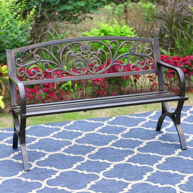 

MFSTUDIO 50 Inches Outdoor Garden Bench,Cast Iron Metal Frame Patio Park Bench with Floral Pattern Backrest,Arch Legs.