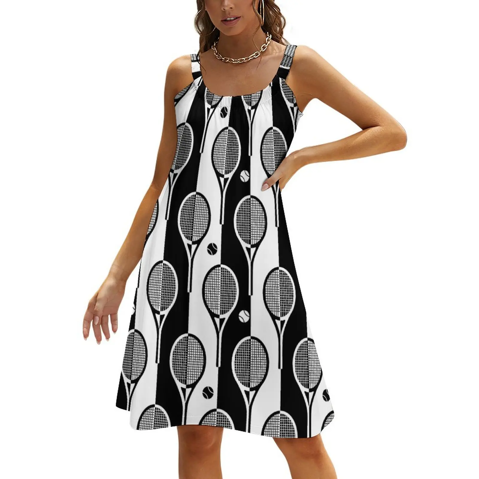 

Black and white Tennis rackets on stripy background Beach Sling Skirt Dress for girls evening dresses ladies