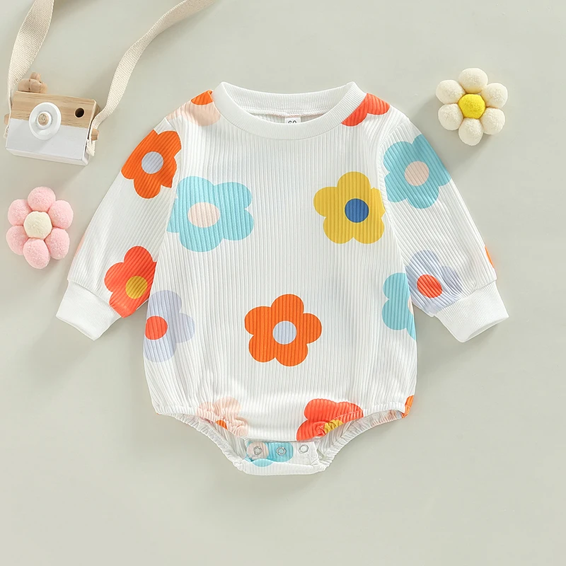 

EWODOS Infant Newborn Baby Spring Autumn Jumpsuit Colorful Flora Print Long Sleeve Round Neck Ribbed Bodysuits for Boys Girls