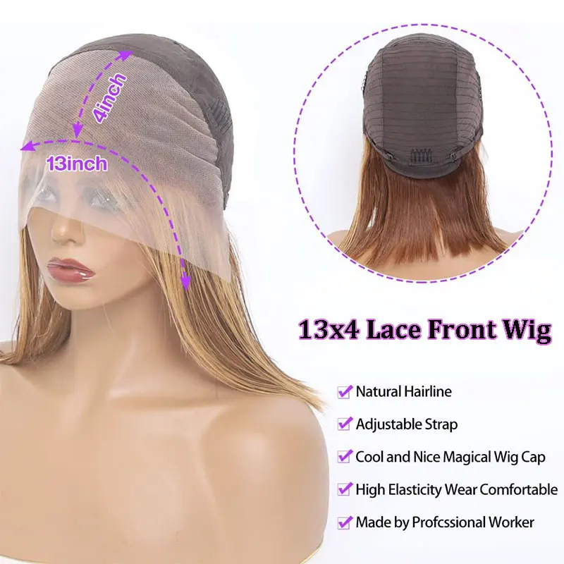 하이라이트 블론드 인모 가발 글루리스 13X4 레이스 프론트 가발 여성용 짧은 밥 가발 옴브레 브라운 150% 밀도 4-27 컬러드