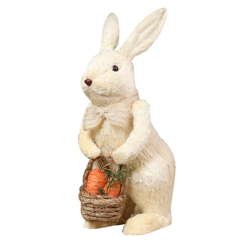 

Easter Straw Bowknot Bunny Ornament with Carrot Basket Handmade Artificial Rabbit Figurine Standing for Doll Holiday Party