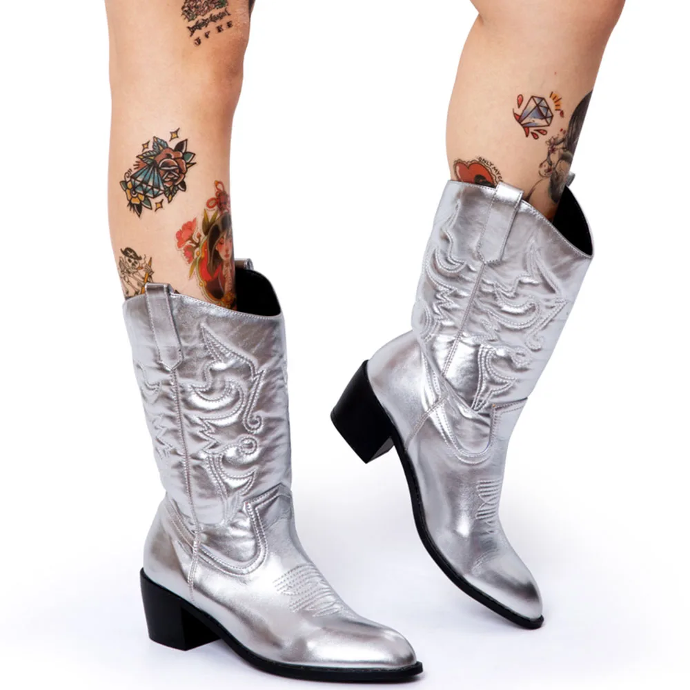 Gigifox Women Cowboy Boots Silver Slip 