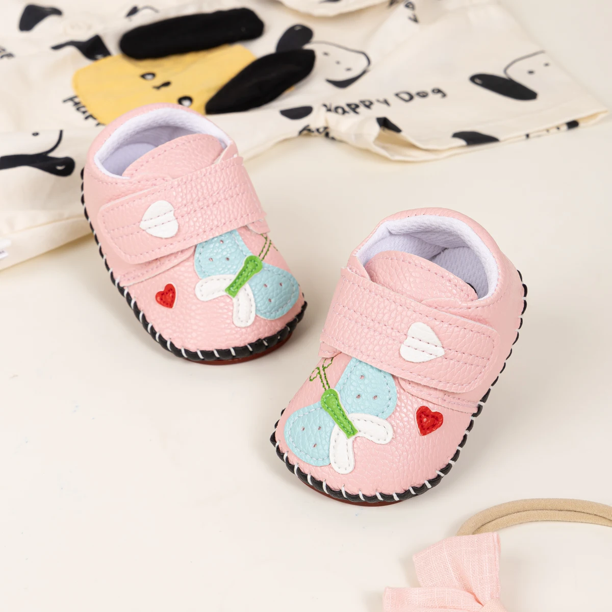 Nette Cartoon Baby Junge Mädchen Leder Casual Sneaker Exquisite Blume Herz Gestreiften Erste Wanderer Gummi Weiche Anti-slip Flache sohle – Detail 3