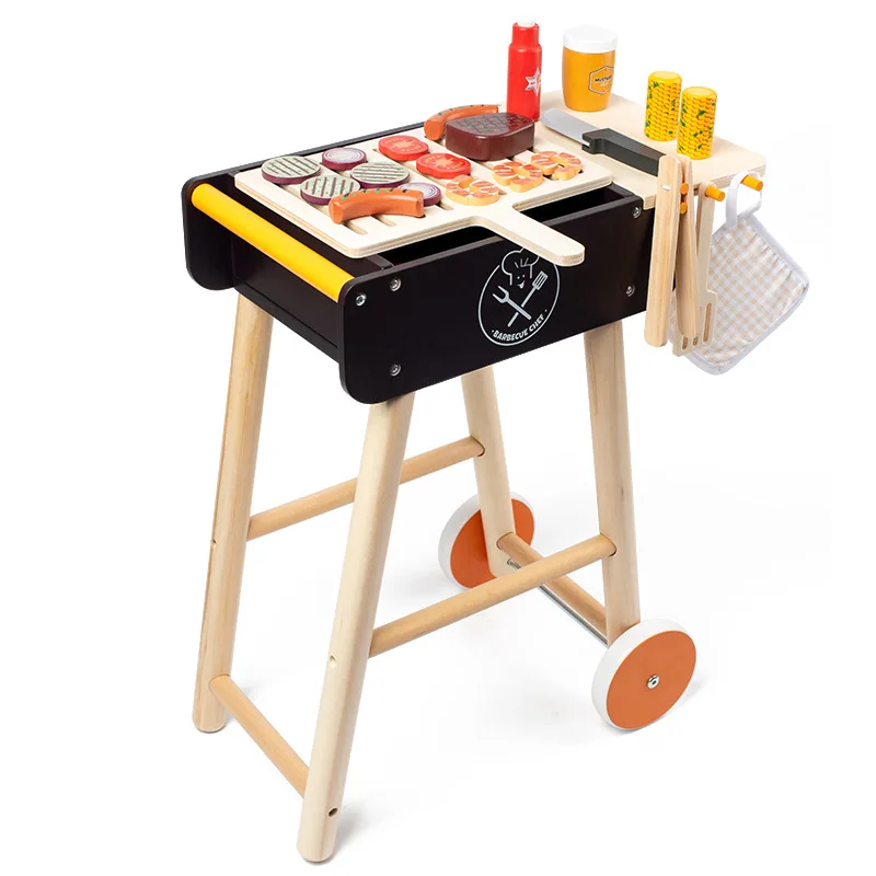 DokiToy Children's Wooden Imitation Barbecue Rack Barbecue Stall Boys And Girls Going Home Food Cognition Chechele Set Toys