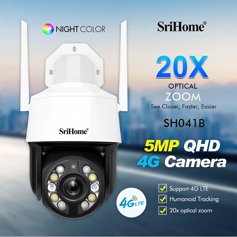 

Srihome 5.0MP 20X Optical Zoom 4G LTE IP Camera Waterproof Human Auto Tracking Color Night Video Surveillance Security CCTV PTZ