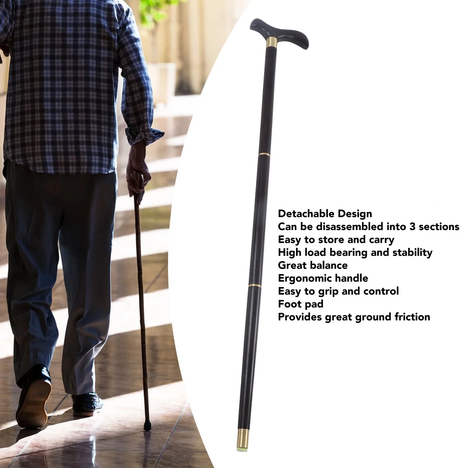 3 Section Detachable Walking Stick Portable African Blackwood Walking Cane Senior Elderly Cane Crutch for Elder Mothers Fathers 2