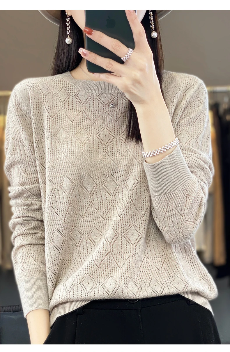 New Women Wool Blend Sweater Spring O-neck Geometric Hollow Pullover Fashion Soft Sweater Loose Casual Knit Base Tops