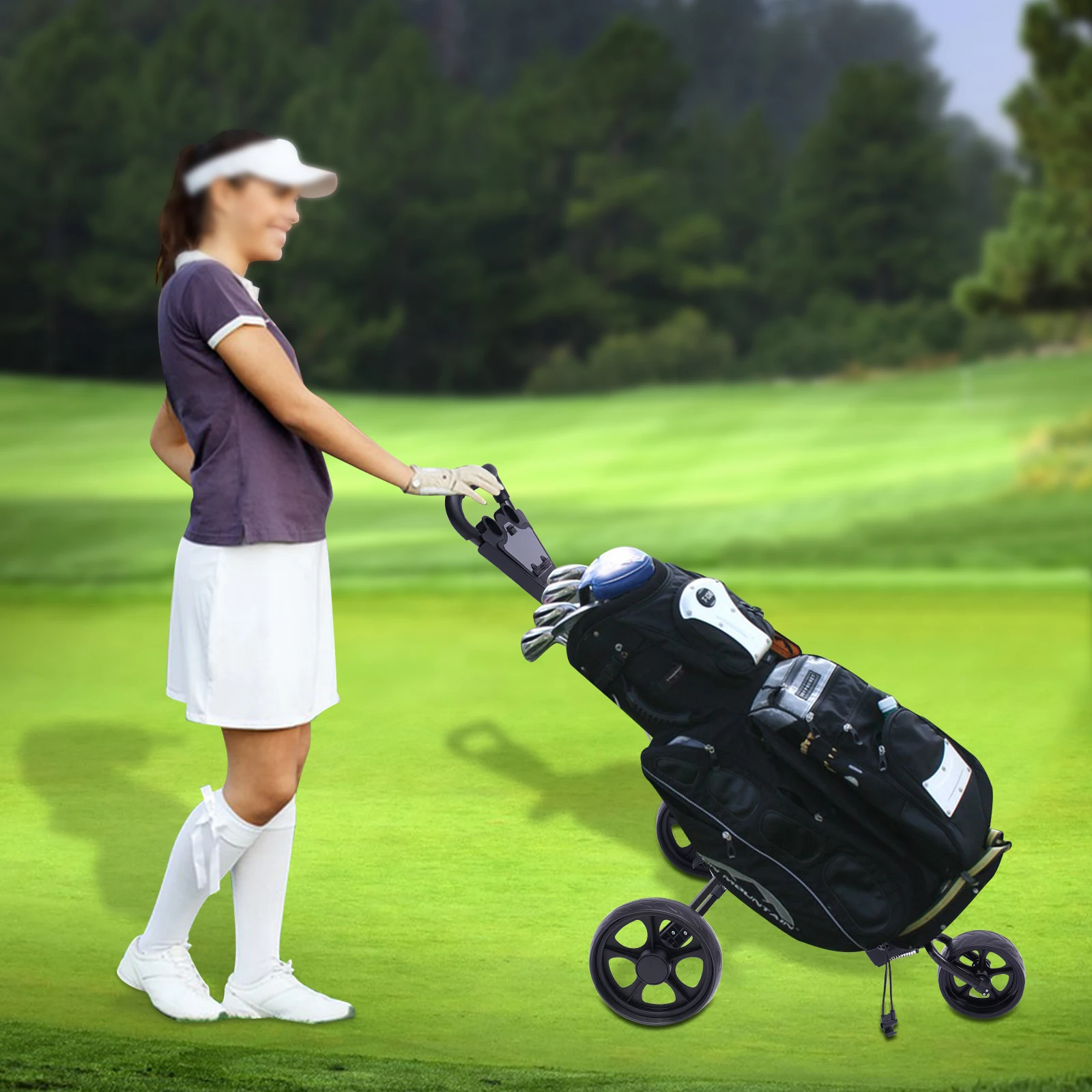 Foldable Golf Push Cart 3 Wheel Golf Walking Push Roller Trolley Bag with Scorecard Drink Holder Adjustable Straps